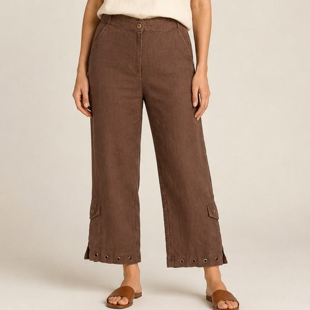 Multiples Linen Ankle Pants Size 10 Brown High Rise Grommet Details